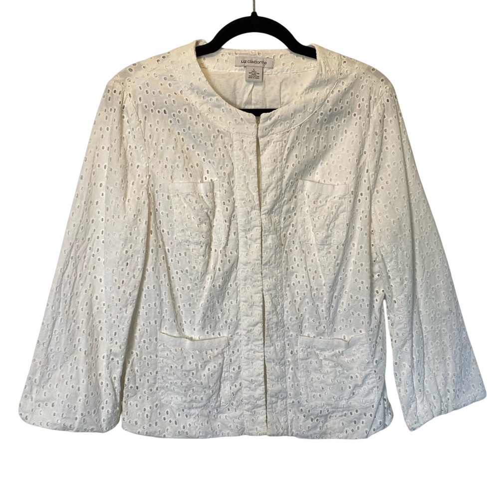 Liz‎ Claiborne Women's White Cotton Eyelet Jacket Size Large Lightweight